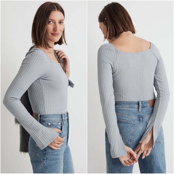 Madewell Top Ribbed Square-Neck Long-Sleeve Tee Craft Blue XS NWT New - Picture 2 of 12